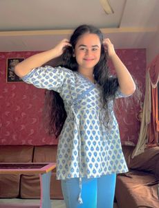 White & Blue Printed Wrap Top