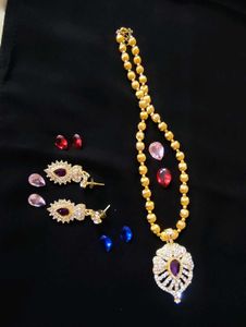 gold plated stone necklace with earrings set