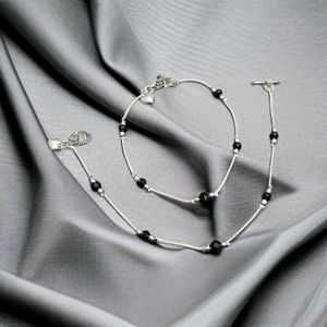 Silver Plated Anklet with Black Beads