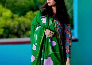 Green Handpainted Lotus Dupatta
