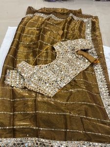 Brown Mirror Work Saree &amp; Blouse