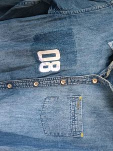 Denim Button-Up Shirt with &#39;08&#39; Graphic