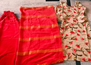 Beautiful Girls Look Plazo  Suit  With Dupatta  Febric Satan Silk  Colour  Brown&amp;  Red  For Girls 19-20 Years   Design Bajoo   Size XS  Margin Also