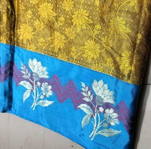 Unused Golden Colour Saree With Blue Border