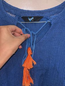 Boho Blue Knit Tassel Tie Top