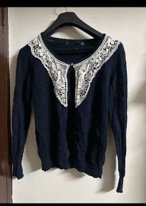 Navy Cardigan with Lace Detail
