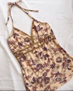 Vintage Y2K Floral Halter Top – Soft Blush &amp; Mauve