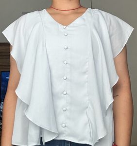 light blue frilled top