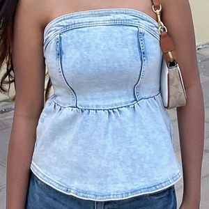 Denim Tube Top with Peplum Hem