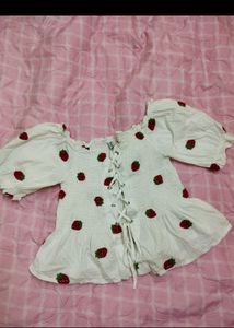 Strawberry Print🍉Pinterestly🍓Embroided PeplumTop