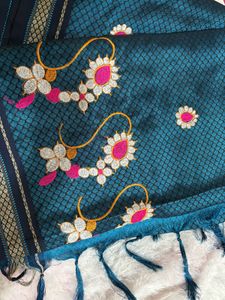 Teal Blue Khan Saree With Stitched Blouse