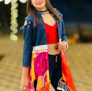 Navratri Style Denim Jeans Nd Shrug Jacket