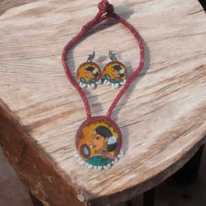 Hand Painted Fabric Jewelry Set With Earrings