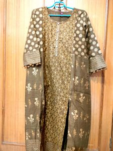 Olive Green & Gold Print Kurti