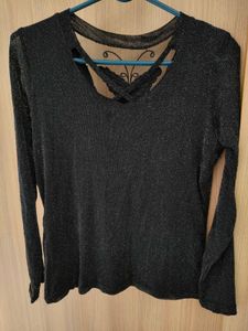 🦋Black Glitter Top Sheer Butterfly Lace Back