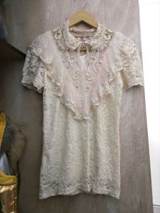 Korean Lace Detail Top With Pearls & Rhinestones