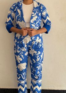 Blue Floral Blazer & Pants Set