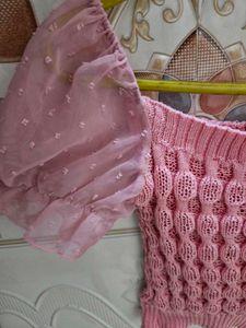 Woolen Pink Puff Sleeve Knit Top