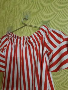 Off Shoulder Blouse With Red And White Stripes