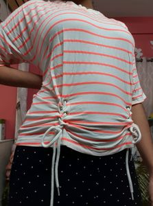 Whit And Neon Pink Stripes Casual Top With Cute Tie-up Laces. Cute Drop Shoulder Style