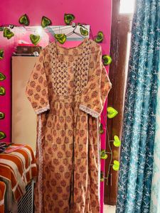 Elegant Beige Floral Cotton Anarkali Kurta