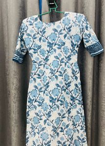 Blue Floral Cotton Kurti with Handblock Print