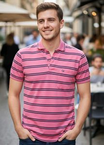 LARGE SIZE Pink Striped Polo Shirt