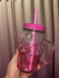 Pink Glass Skull Mug With Straw