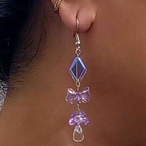 Handmade Bow Earrings with Drop - Purple