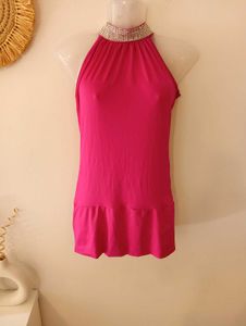 Hot pink Diamond Studded Neck Party Dress