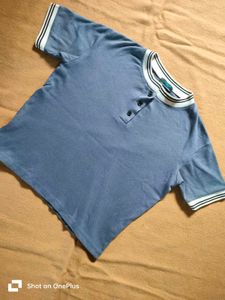 Blue Henley T-Shirt with Striped Trim