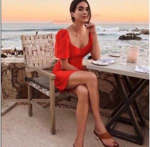 Zara Woman Orange Linen Flutter Sleeve Button Dres