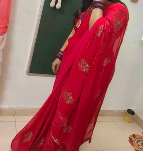 Red Pink Frendy Embellished Saree