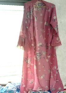 Women long line full sleeves shrug floral pink