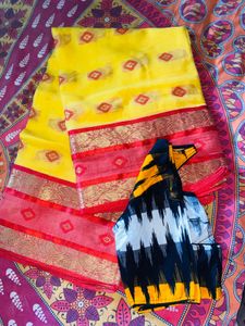 Yellow Red Saree With Blause 🎉❤️