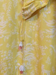 Yellow Printed Top With Dori On Neck &amp; Sleeves