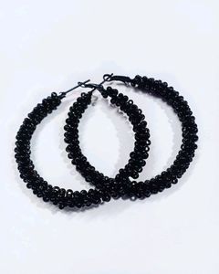 Black Beaded Hoop Earrings (Handmade)