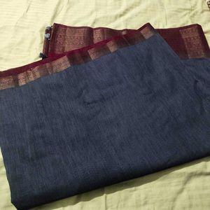 Grey Linen Mix Saree With Stiched Blouse