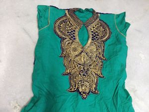 Designer Sea Green Cotton And Velvet Kurti