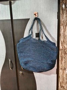 Blue Striped Woven Tote Bag
