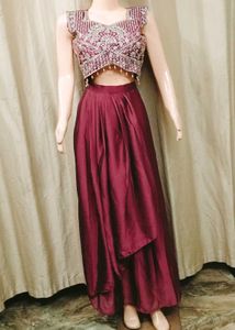 Maroon Embellished Draped skirt with top