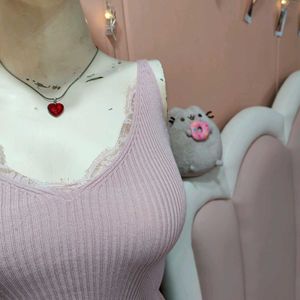 💖 Pink Ribbed Lace Trim Top! 💖