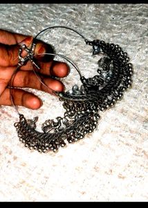&#34;Oxidised Silver Hoop Earrings With Ring&#34;