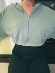 Green Cropped Zip-Up Hoodie
