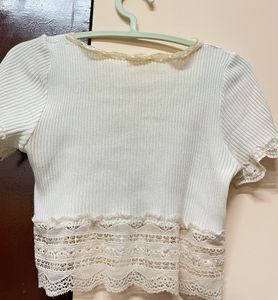 Lace Border Off White Crop Top