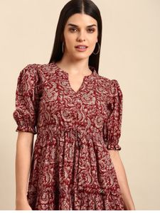 Patterned Midi Dress with Puff Sleeves