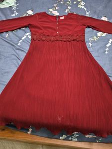 Maroon Pleated Midi Dress with Lace Detail