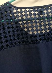 Navy Blouse with Lace Shoulder Detail