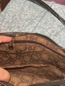 Black Faux Leather Handbag With Gold Chain