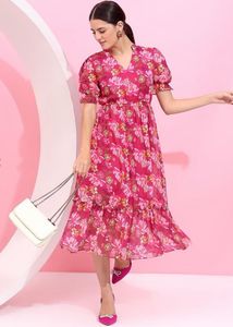 Floral Pink Midi Dress-XL Size